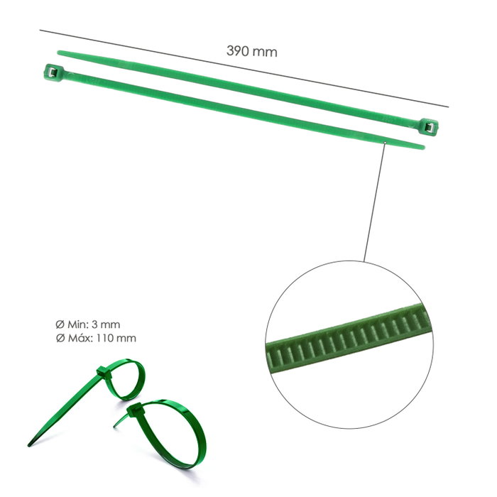 WOLFPACK LINEA PROFESIONAL Colliers de serrage en nylon vert 4,6 x 390 mm (Sachet de 100 unités)