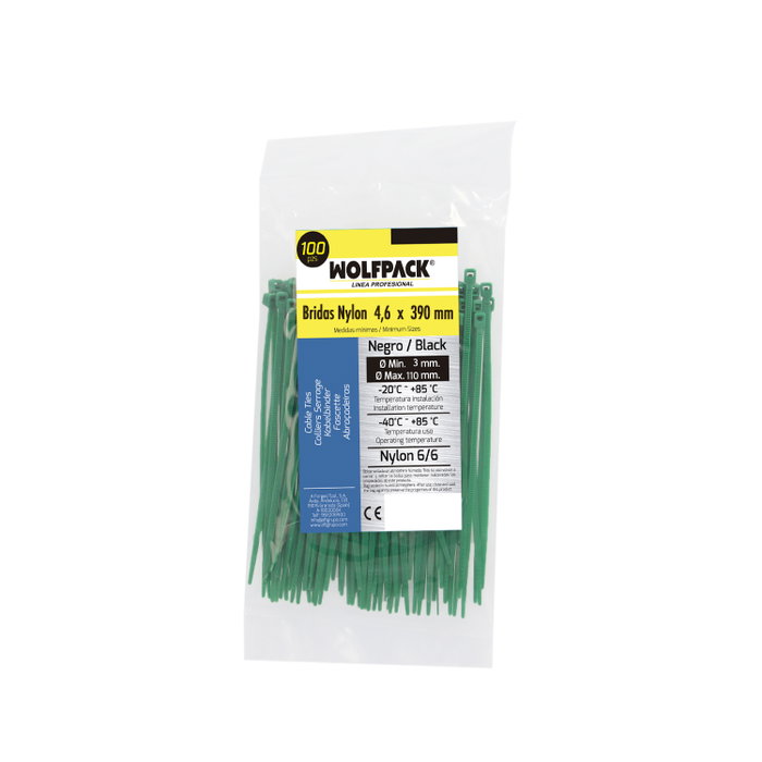 WOLFPACK LINEA PROFESIONAL Colliers de serrage en nylon vert 4,6 x 390 mm (Sachet de 100 unités)
