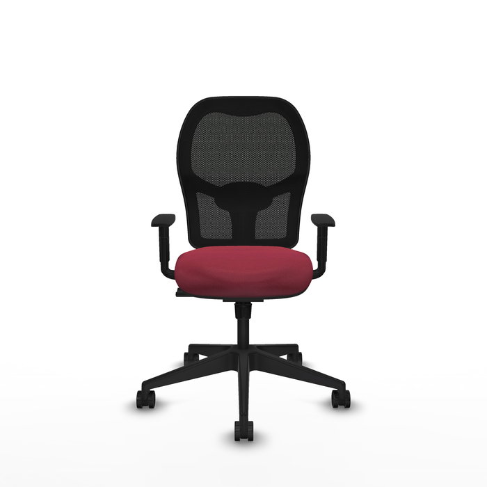 Chaise Alocén Synchro 3 positions tissu Bordeaux Maille Noir Base pyramidale noire Accoudoir 1D Sans appui-tête Roulettes 65mm nylon