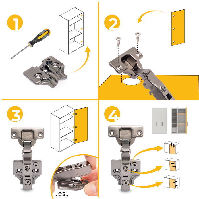 Emuca Lot de 20 charnières droites X91 à fermeture amortie avec embases à visser, hauteur 0, acier, titane Emuca Lot de 20 charnières droites X91 à fermeture amortie avec embases à visser, hauteur 0, acier, titane
