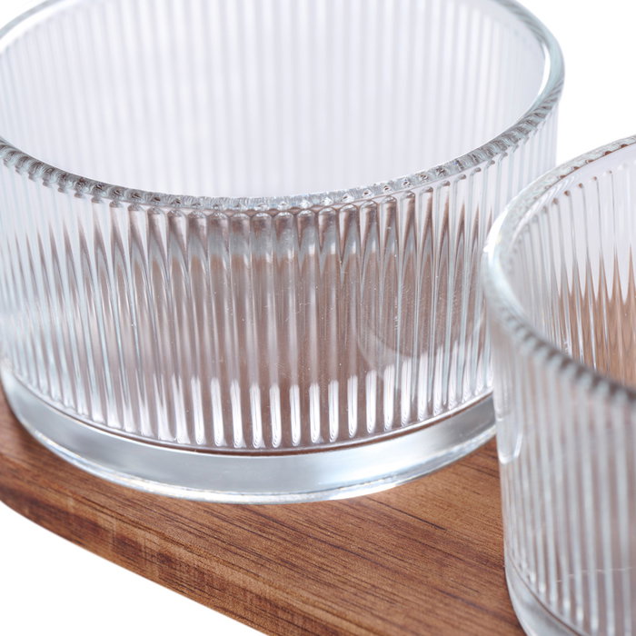 Day Set de 3 bols en verre strié et plateau en acacia