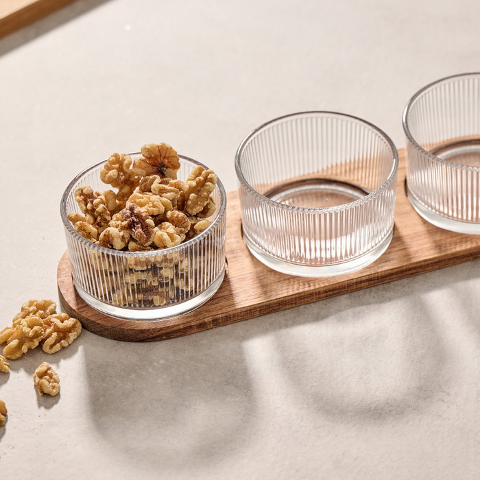 Day Set de 3 bols en verre strié et plateau en acacia