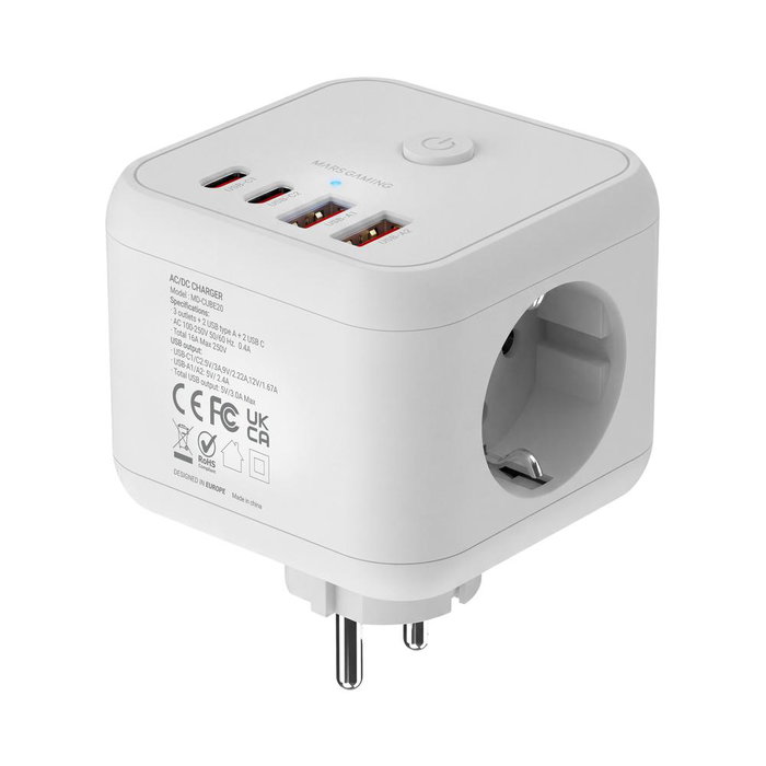 Mars Gaming MDCUBE20W Chargeur Murale Cube 20W GaN - Multiprise avec 3 Prises SCHUKO et 4 Ports USB, Charge Rapide PD 20W - Blanc