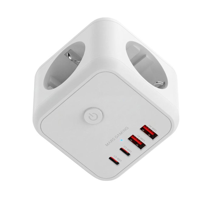 Mars Gaming MDCUBE20W Chargeur Murale Cube 20W GaN - Multiprise avec 3 Prises SCHUKO et 4 Ports USB, Charge Rapide PD 20W - Blanc