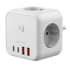 Mars Gaming MDCUBE20W Chargeur Murale Cube 20W GaN - Multiprise avec 3 Prises SCHUKO et 4 Ports USB, Charge Rapide PD 20W - Blanc
