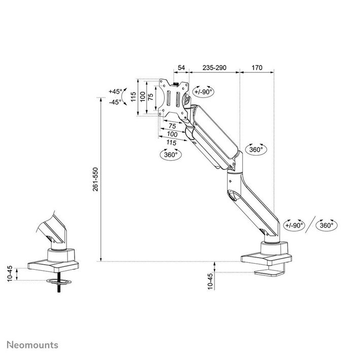 Neomounts DS70PLUS-450BL1 Support de bureau à mouvement complet VESA 100x100 pour écrans incurvés ultra-larges 17" à 49" (18 kg) avec vérin à gaz - Noir