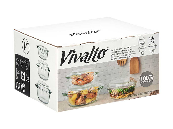 Vivalto Set de 3 Casseroles en Borosilicate Transparent 700 ml, 1 L et 1,5 L 24x14x21 cm (Set de 4)