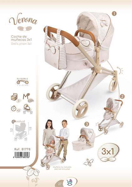 Decuevas Verona - Landau de poupée pliable 3 en 1 pour poupées jusqu'à 50 cm, dimensions 79 x 65 x 38 cm
