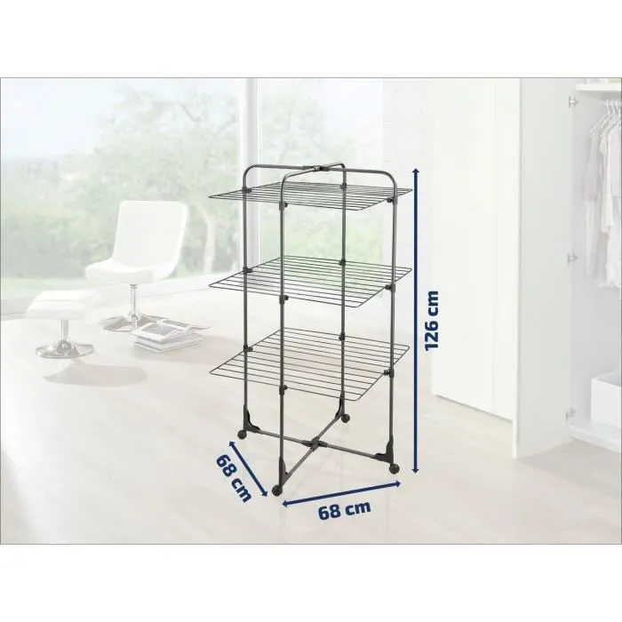 Leifheit Tower Classic Tower 270 Noir - Sèche-linge Tour Pliable 3 Niveaux avec 27 m d'Étendage, Grilles Rabattables et 4 Roulettes Pivotantes - Gain de Place