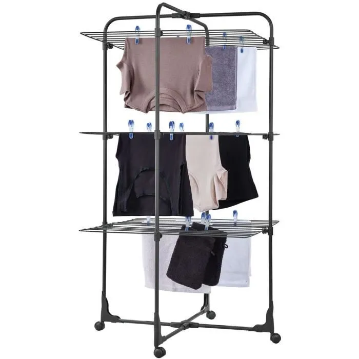 Leifheit Tower Classic Tower 270 Noir - Sèche-linge Tour Pliable 3 Niveaux avec 27 m d'Étendage, Grilles Rabattables et 4 Roulettes Pivotantes - Gain de Place