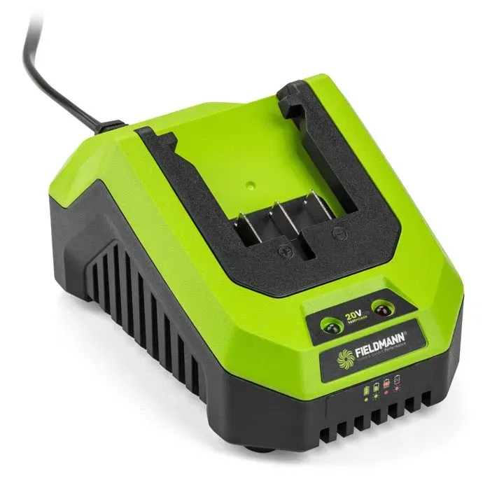 Fieldmann - Chargeur pour batterie 20V, recharge 2Ah en 60 min, compatible modèles 2Ah et 4Ah, indication LED, protection contre la surchauffe