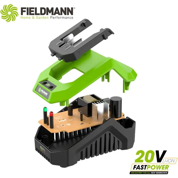 Fieldmann - Chargeur pour batterie 20V, recharge 2Ah en 60 min, compatible modèles 2Ah et 4Ah, indication LED, protection contre la surchauffe