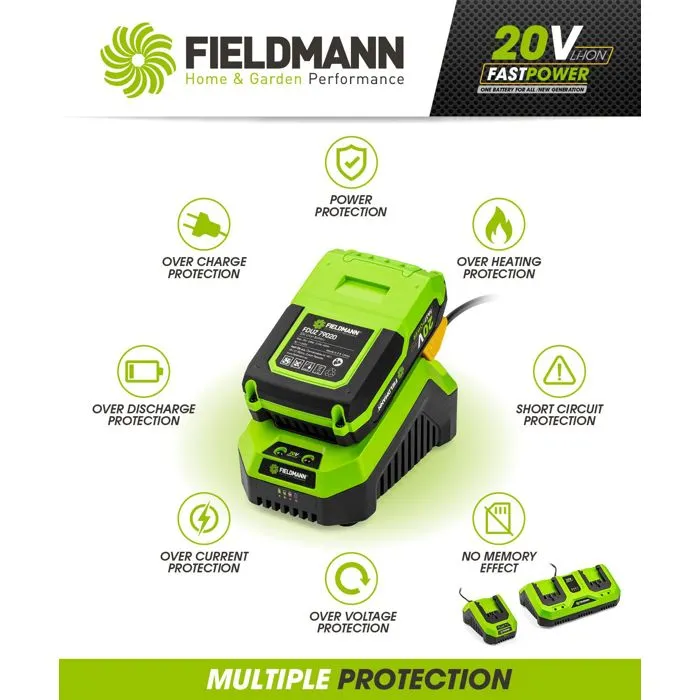 Fieldmann - Chargeur pour batterie 20V, recharge 2Ah en 60 min, compatible modèles 2Ah et 4Ah, indication LED, protection contre la surchauffe