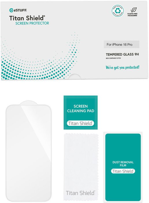 eSTUFF Titan Shield iPhone 16 Pro Protection écran en verre trempé 9H transparent - Pack de 10 pièces