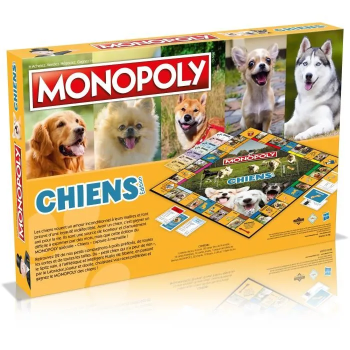 Winning Moves Monopoly Chiens, jeu de société avec 22 races de chiens, Spitz nain, Husky de Sibérie