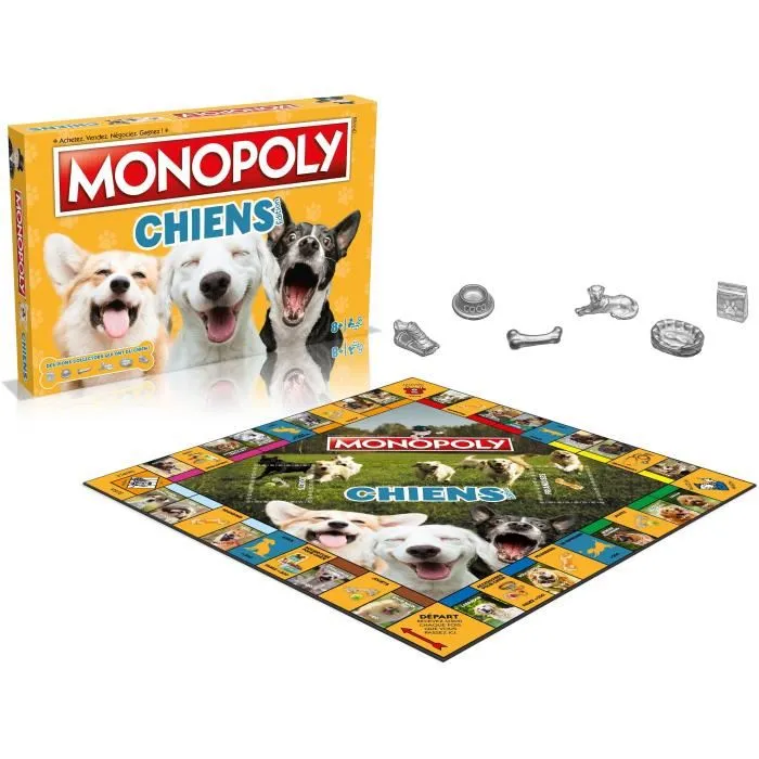 Winning Moves Monopoly Chiens, jeu de société avec 22 races de chiens, Spitz nain, Husky de Sibérie