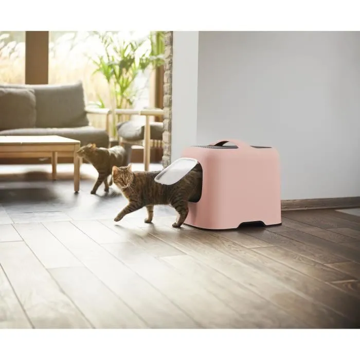 ROTHO Maison toilette pour chat, bac à litière fermé avec filtre anti-odeurs - 51 x 39 x 40 cm, rose, plastique recyclé - Référence Rotho Mypet