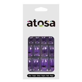 Ongles postiches Halloween pour déguisement femme - Violet avec araignées et toiles d'araignée noires - Pour sorcière, vampire