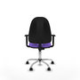 Chaise de bureau Algarra avec mécanisme de contact permanent de base, recouverte de tissu couleur lilas. Équipée d'une base chromée, d'accoudoirs 1D et de roulettes en nylon de 50 mm