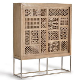 GINER Y COLOMER - Vitrine 2 portes coulissantes en bois de teck avec structure métallique - Couleur naturelle - Dimensions : 140 x 40 x 170 cm