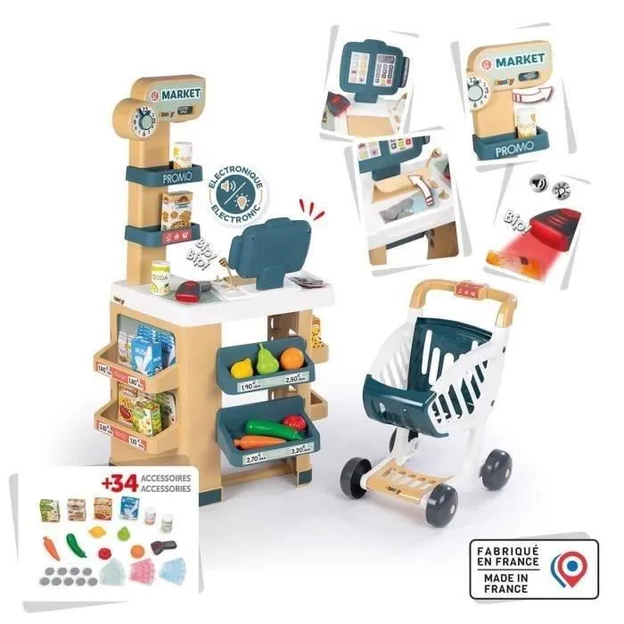 Smoby - Caisse enregistreuse jouet Marchande électronique pour enfant avec horloge et panneau, 49 x 36 x 89 cm - Dès 3 ans