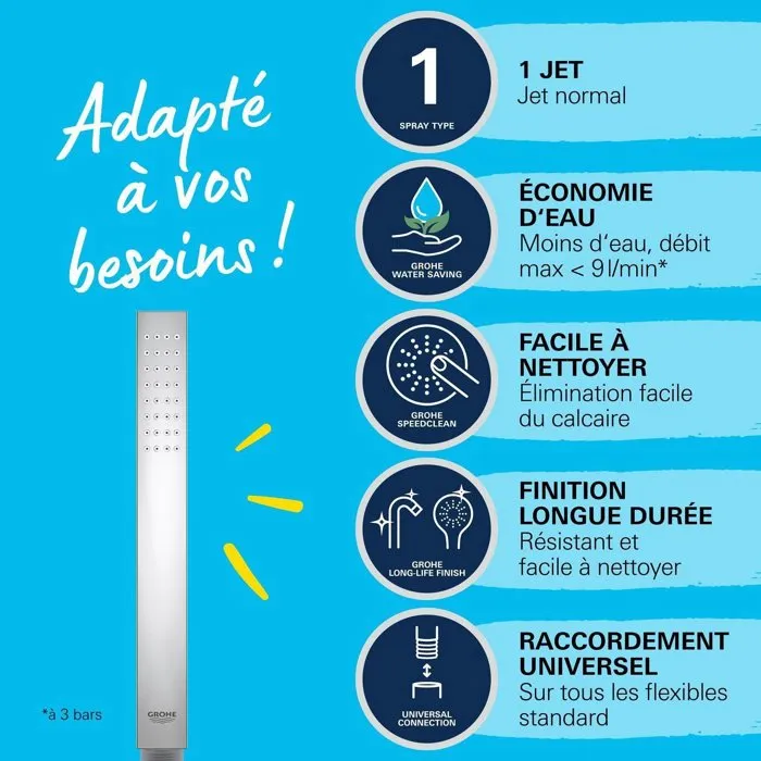 GROHE Douchette Vitalio Joy Cube Stick 1 jet EcoJoy DreamSpray StarLight Chrome anti-calcaire SpeedClean montage universel GROHE Douchette Vitalio Joy Cube Stick 1 jet EcoJoy DreamSpray StarLight Chrome anti-calcaire SpeedClean montage universel
