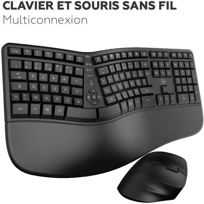 Mobility Lab ERGO C30W - Ensemble Clavier Souris sans fil AZERTY Ergonomique Full-size - USB 2,4 GHz + Bluetooth x2, Pavé Numérique, 23 Raccourcis, Recharge USB-C
