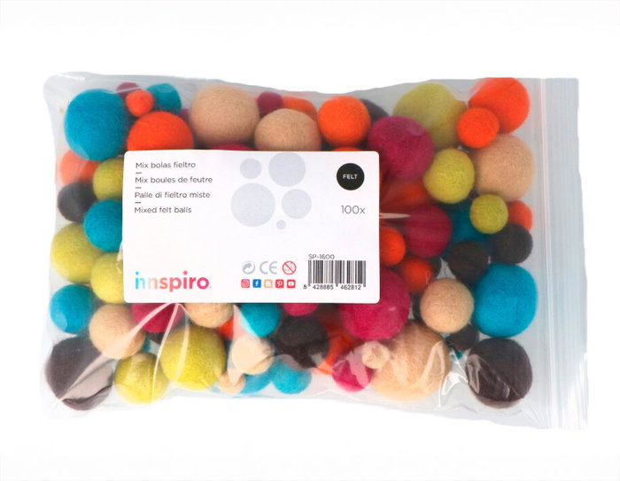 Innspiro Lot de 100 billes de feutre en laine assorties, 5 tailles