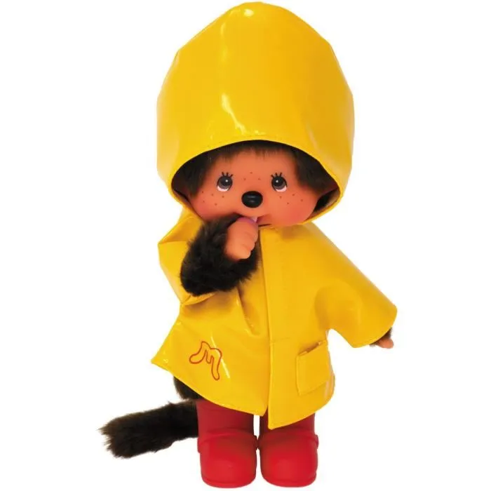 Bandai Peluche Monchhichi en Ciré Jaune Iconique avec Bottes Rouges - 20 cm - Pour Enfants Dès 24 Mois