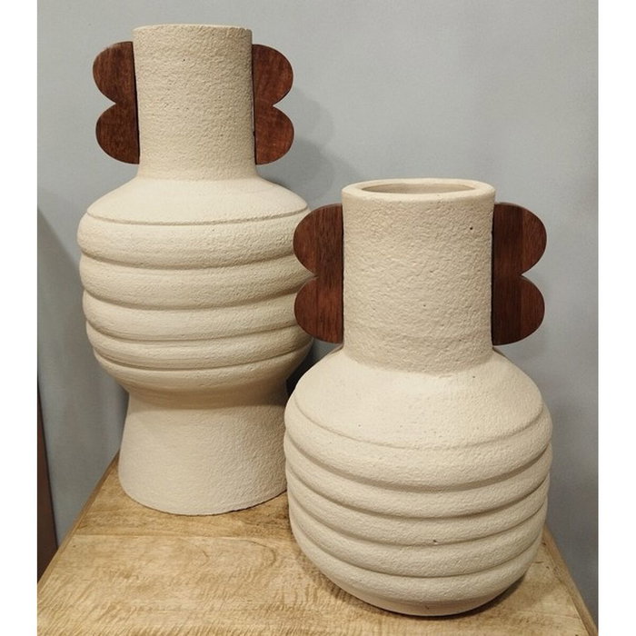 Vase Home ESPRIT Marron Beige Terre cuite Bois de manguier 28 x 28 x 33 cm