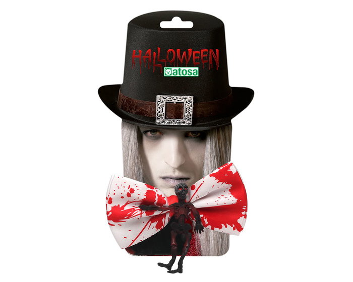 Nœud papillon pour homme blanc avec motif tête de mort et taches de sang - Accessoire de déguisement macabre pour soirée à thème, Halloween ou costume
