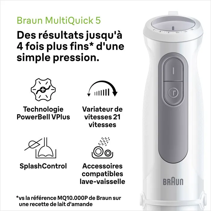Braun MultiQuick 5 MQ50236M Mixeur Plongeant 1000 W avec 21 Vitesses Turbo, Gobelet 600 ml, Mini Hachoir, Fouet Inox et Système Anti-Éclaboussures - Blanc