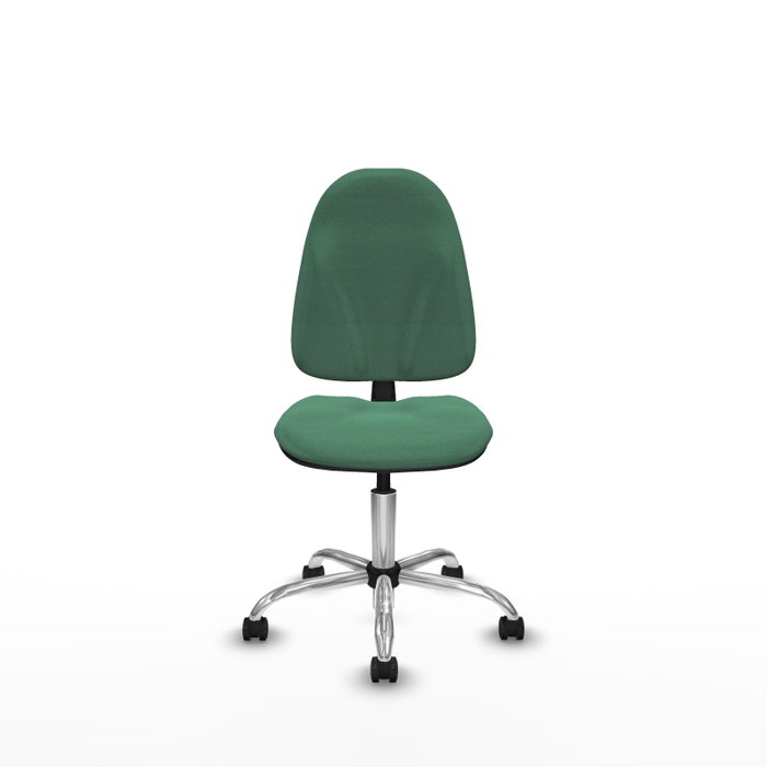 Chaise de bureau Algarra avec mécanisme de contact permanent de base, recouverte de tissu vert émeraude. Équipée d'une base chromée, sans accoudoirs et de roulettes autobloquantes. Chaise de bureau Algarra avec mécanisme de contact permanent de base, recouverte de tissu vert émeraude. Équipée d'une base chromée, sans accoudoirs et de roulettes autobloquantes.