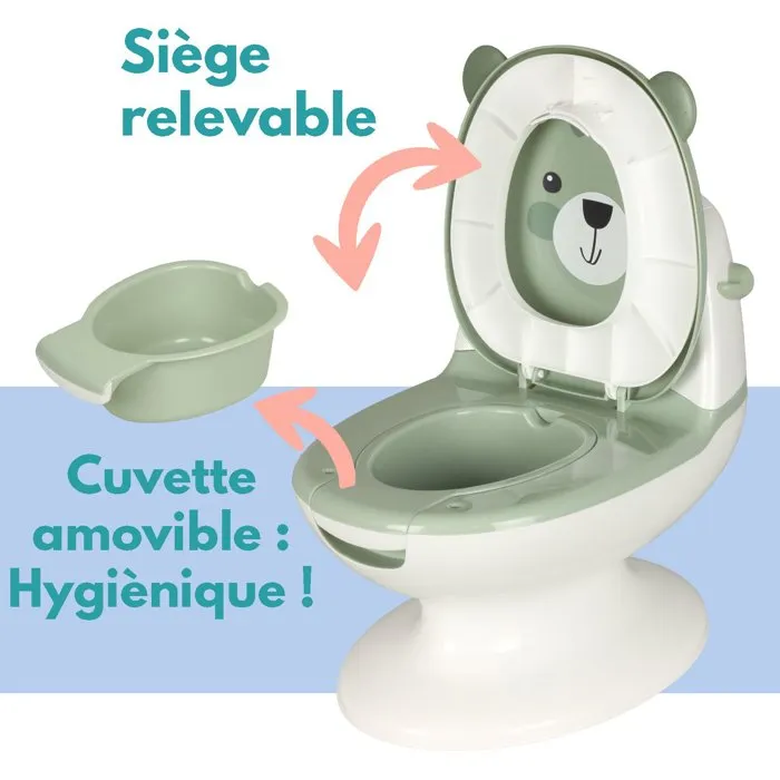 Bambisol Pot Éducatif Mini-Toilettes Bébé Ourson - Vert Amande - Confortable avec Dossier et Cuve Amovible - Apprentissage de la Propreté Ludique et Rassurant