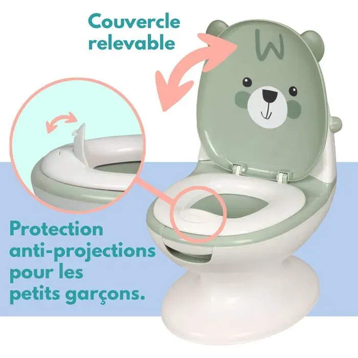 Bambisol Pot Éducatif Mini-Toilettes Bébé Ourson - Vert Amande - Confortable avec Dossier et Cuve Amovible - Apprentissage de la Propreté Ludique et Rassurant
