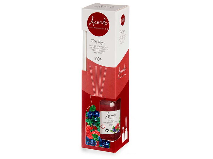 Acorde Mikado 100 ml avec tige Fruits Rouges Diffuseur en Verre et Bois 21.3 x 5.5 x 5.5 cm (Set de 12)