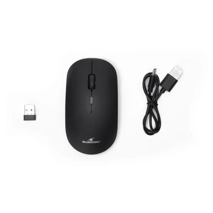 Bluestork Office 100 Souris sans fil rechargeable avec double connectivité 2.4G et Bluetooth, silencieuse, ergonomique pour PC et Mac - Noir