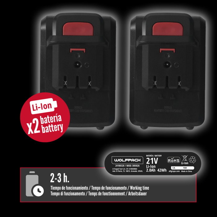 WOLFPACK LINEA PROFESIONAL Sécateur de taille à batterie 16,8V/2Ah avec 2 batteries et mallette WOLFPACK LINEA PROFESIONAL Sécateur de taille à batterie 16,8V/2Ah avec 2 batteries et mallette