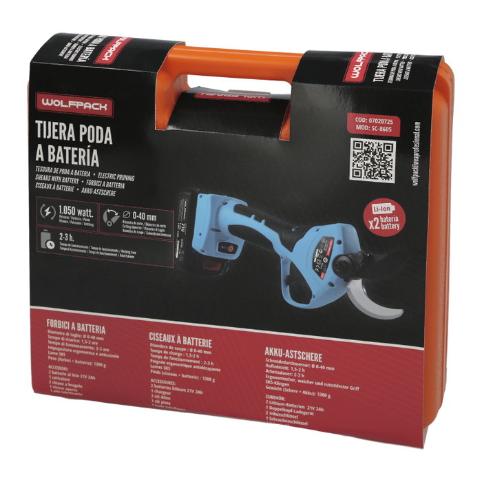 WOLFPACK LINEA PROFESIONAL Sécateur de taille à batterie 16,8V/2Ah avec 2 batteries et mallette WOLFPACK LINEA PROFESIONAL Sécateur de taille à batterie 16,8V/2Ah avec 2 batteries et mallette