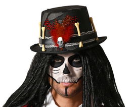 Chapeau de catrina noir avec décorations de squelettes et plumes rouges - Accessoire pour déguisement Halloween et fêtes du jour des morts