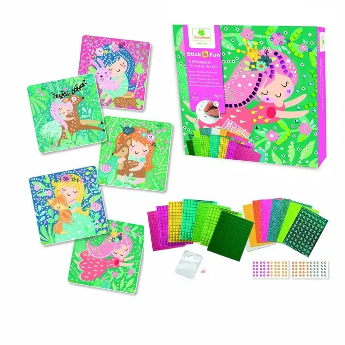 Sycomore - Mosaiques Stick'N Fun - Princesses des bois - Coffret Créatif avec 1500 Mousses Autocollantes et Joyaux - À Partir de 5 ans