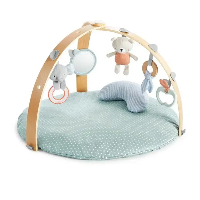 INGENUITY Tapis d'éveil réversible évolutif pour bébé Loamy - Pliable avec arche de jeu en bois amovible et 5 jouets - Cadeau pour bébé