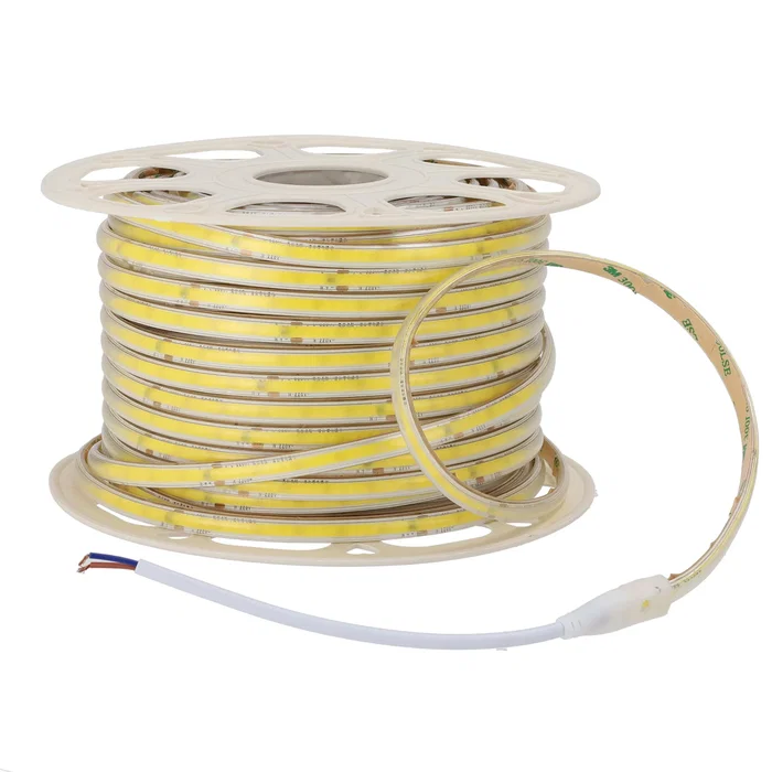 Rouleau 50m Bandeau LED COB 220VAC 10W/m IP65 Blanc Chaud 3000K Autoadhésif 3M Régulable