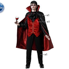 Disfraz Costume Vampire Homme Adulte, Chalecot Rouge et Cape Noire XS-S, pour Halloween et Fêtes Thématiques