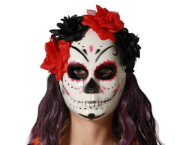 Atosa Masque Catrina blanc avec fleurs noires et rouges