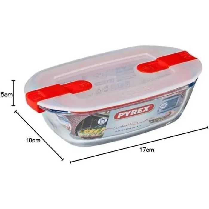 Pyrex 1451023 Plat rectangulaire en verre borosilicate avec couvercle sécurisé, 400 ml, 17 x 10 cm, résistant aux chocs thermiques de -40°C à 300°C, pour four et micro-ondes