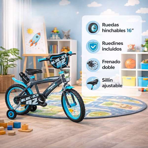 Toimsa Bicicleta Blue Ice 16" pour enfants 5-8 ans, vélo de taille 16 pouces en gris et métal, langue espagnol