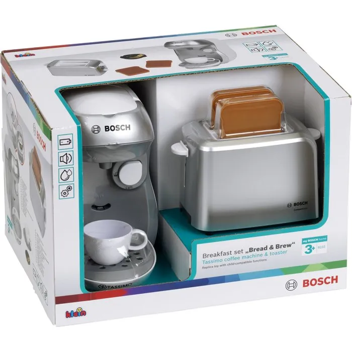 Klein 9233 - Set de petit-déjeuner jouet d'imitation Bosch avec machine à café Tassimo et grille-pain réalistes - Pour enfants dès 3 ans