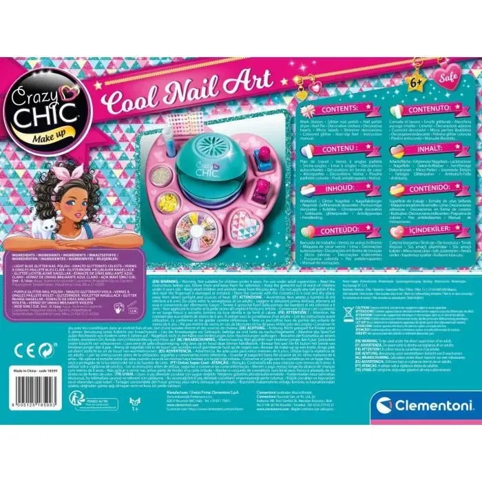 Clementoni Crazy Chic Cool Nail Art - Atelier de manucure avec vernis pailletés, sèche-ongles et accessoires - Jeu créatif pour enfant dès 6 ans