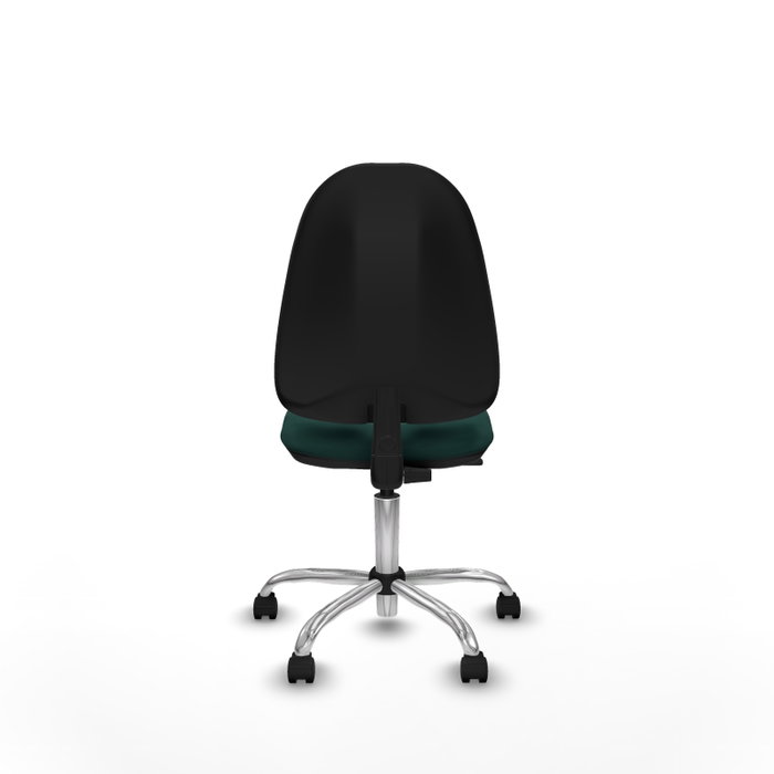 Chaise de bureau Algarra avec mécanisme de contact permanent de base, revêtue de similicuir vert bouteille. Équipée d'un piètement chromé, sans accoudoirs et de roulettes en nylon de 50 mm Chaise de bureau Algarra avec mécanisme de contact permanent de base, revêtue de similicuir vert bouteille. Équipée d'un piètement chromé, sans accoudoirs et de roulettes en nylon de 50 mm